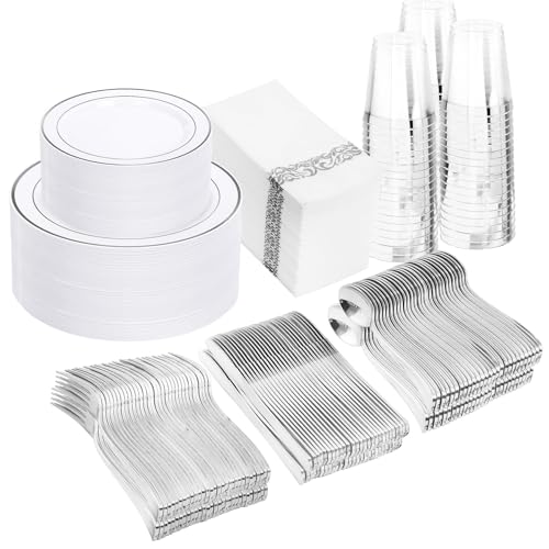 350 Pack Plastic Dinner Plates with Silverware, Cups