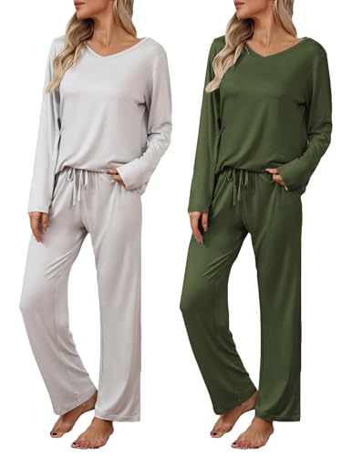 2 Pack Womens Long Sleeve Pajama Sets with Pockets