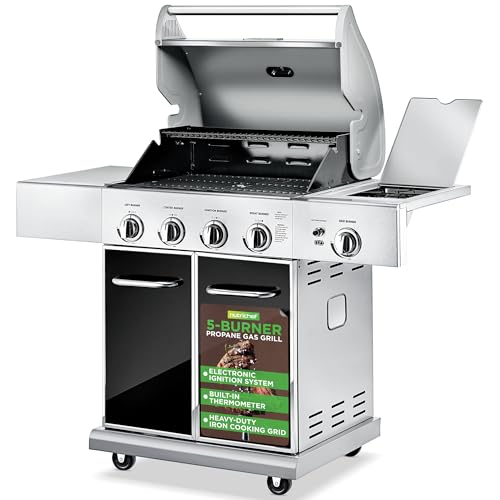NutriChef 5-Burner Propane Gas Grill with Side Burner, Stainless Steel