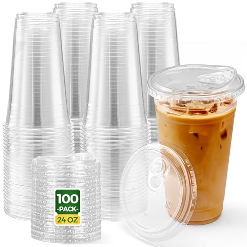 100 Pack 24oz Disposable Plastic Cups With Lids