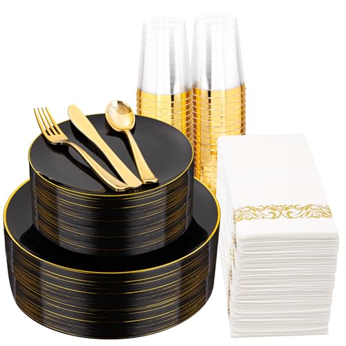 350 Piece Plastic Dinnerware Set with Gold Trim