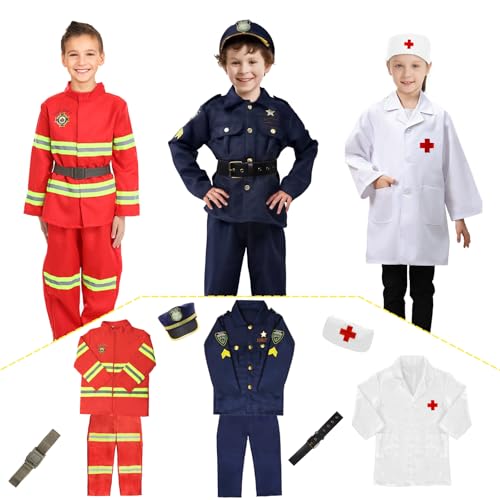 3 Pack Kids Police, Doctor, Firefighter Dress Up Costumes
