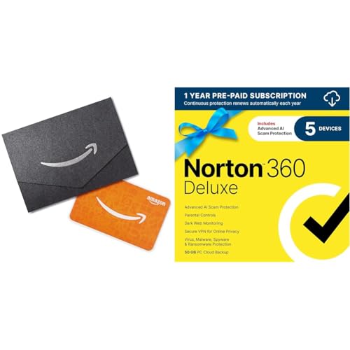 Norton 360 Deluxe Antivirus for 5 Devices, VPN, +10 Amazon Gift Card