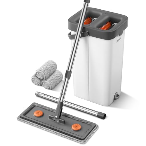 Flat Mop and Bucket Set with Wringer, 3 Pads