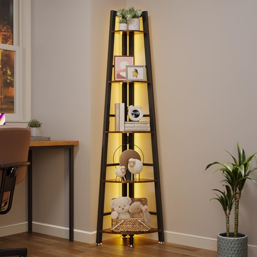 5-Tier Corner Shelf with LED Ladder Bookshelf