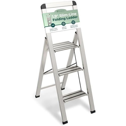 3 Step Folding Aluminum Ladder, Slim Anti-Slip Steps