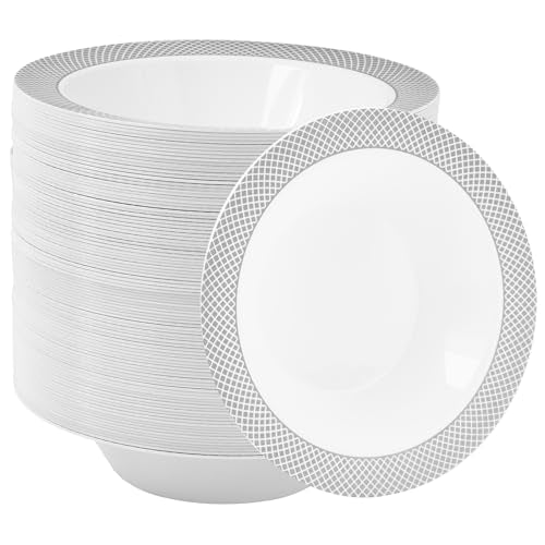 100 Pack Plastic Disposable Bowls with Silver Rim