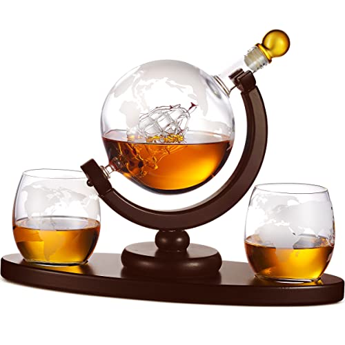 Whiskey Decanter Globe Set with 2 Glasses, 850ml