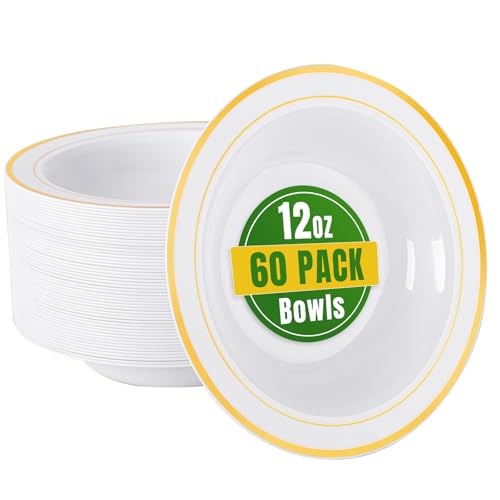60 Pack 12 oz Disposable Plastic Bowls Gold Rim