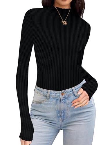 Women's Ribbed Ruffle Long Sleeve Mock Neck Top