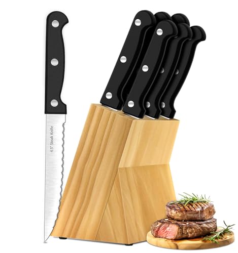 7 Piece Steak Knife Set with Serrated Blades Block
