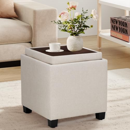 Fabric Storage Ottoman with Reversible Tray and Hidden Compartment
