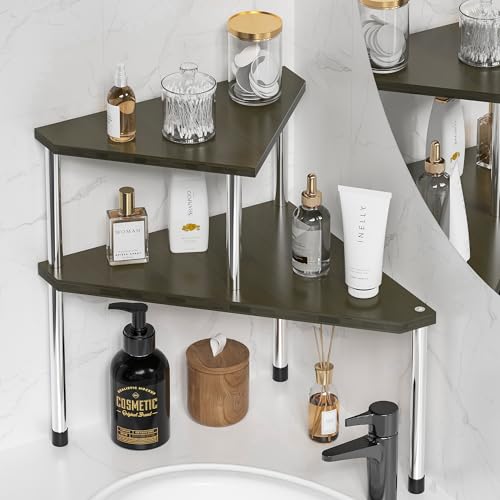 2 Tier Adjustable Bamboo Bathroom Counter Organizer Shelf