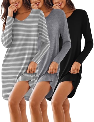 3 Pack Long Sleeve V Neck Nightgown with Pockets