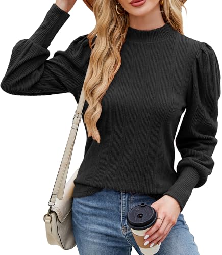 Women's Mock Neck Puff Sleeve Ribbed Knit Sweater