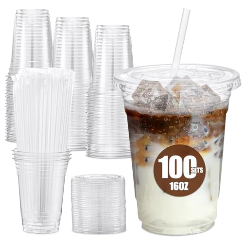 100 Pack 16oz Disposable Iced Coffee Cups with Lids