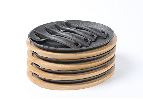 4 Pack Cast Iron Fajita Pans with Bamboo Trays