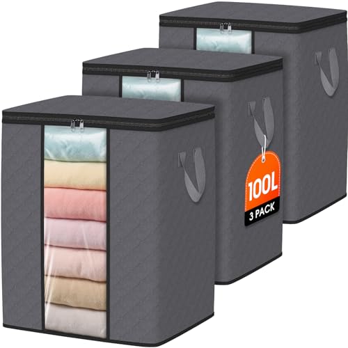 3 Pack 100L Foldable Clothes Storage Bags Organizer