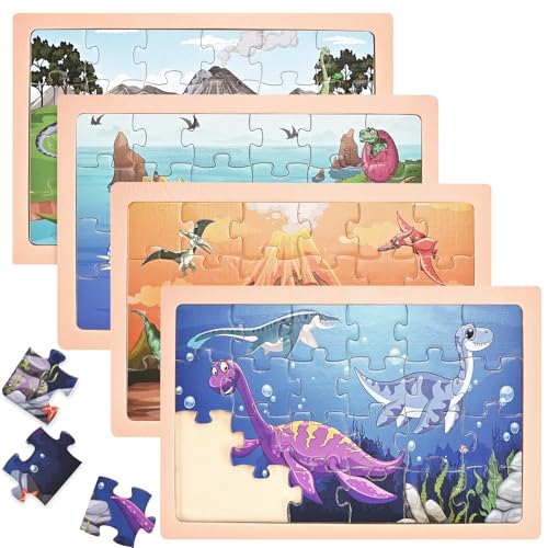 4 Pack Wooden Dinosaur Puzzles for Kids Ages 4-6