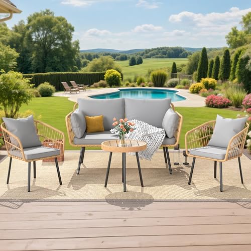 4 Piece Outdoor Wicker Patio Furniture Set with Cushions