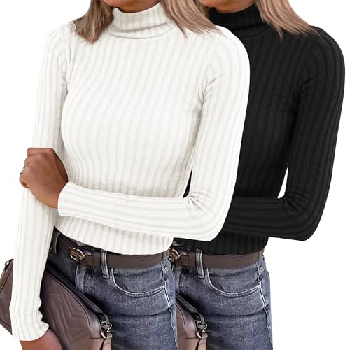 2 Pack Womens Long Sleeve Ribbed Knit Shirts