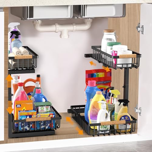 2 Tier Under Sink Organizer Adjustable Pull Out Shelf