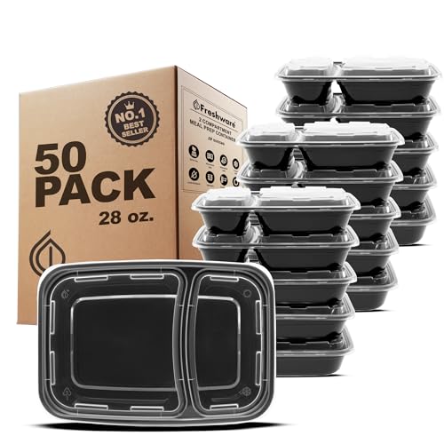 50 Pack Meal Prep Containers, 2 Compartment, 28oz