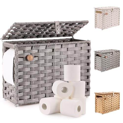 Rattan Woven Toilet Paper Basket with Lid, Foldable Organizer