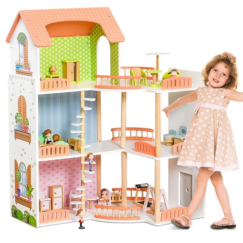 Wooden Dollhouse with Furniture and Spiral Staircase