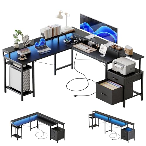 L-Shaped Corner Computer Desk with Storage and Outlets