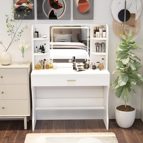 Makeup Vanity Desk with Mirror, Lights, Drawer, Outlet