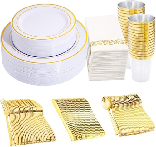 100 Pack Plastic Plates Set with Silverware, Napkins, Cups ( Gold Or Silver!)