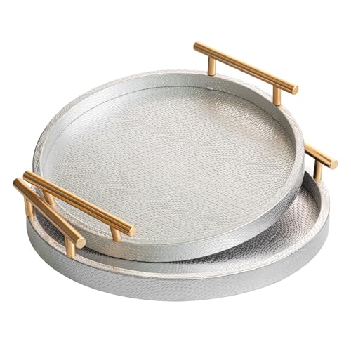2 Pack Round Faux Leather Serving Trays with Handles