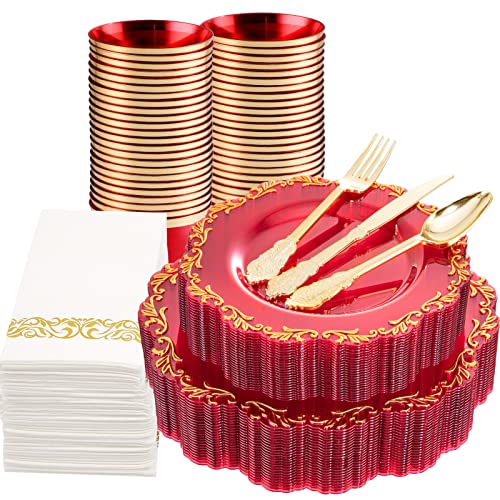 175 PCS Plastic Plates with Gold Silverware Set