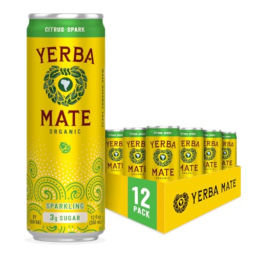 12 Pack Organic Sparkling Yerba Mate, Low Sugar, 80mg Caffeine