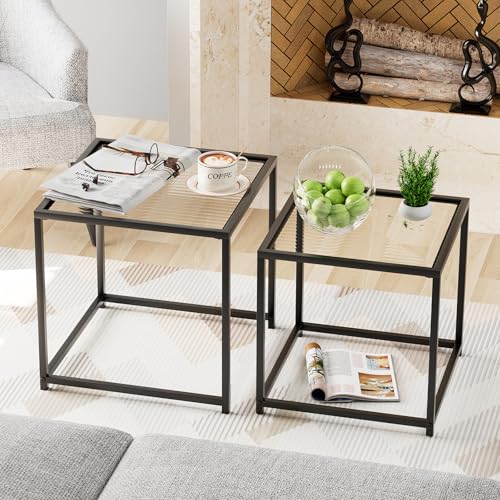 2 Piece Nesting Glass Coffee Table Set, Metal Frame
