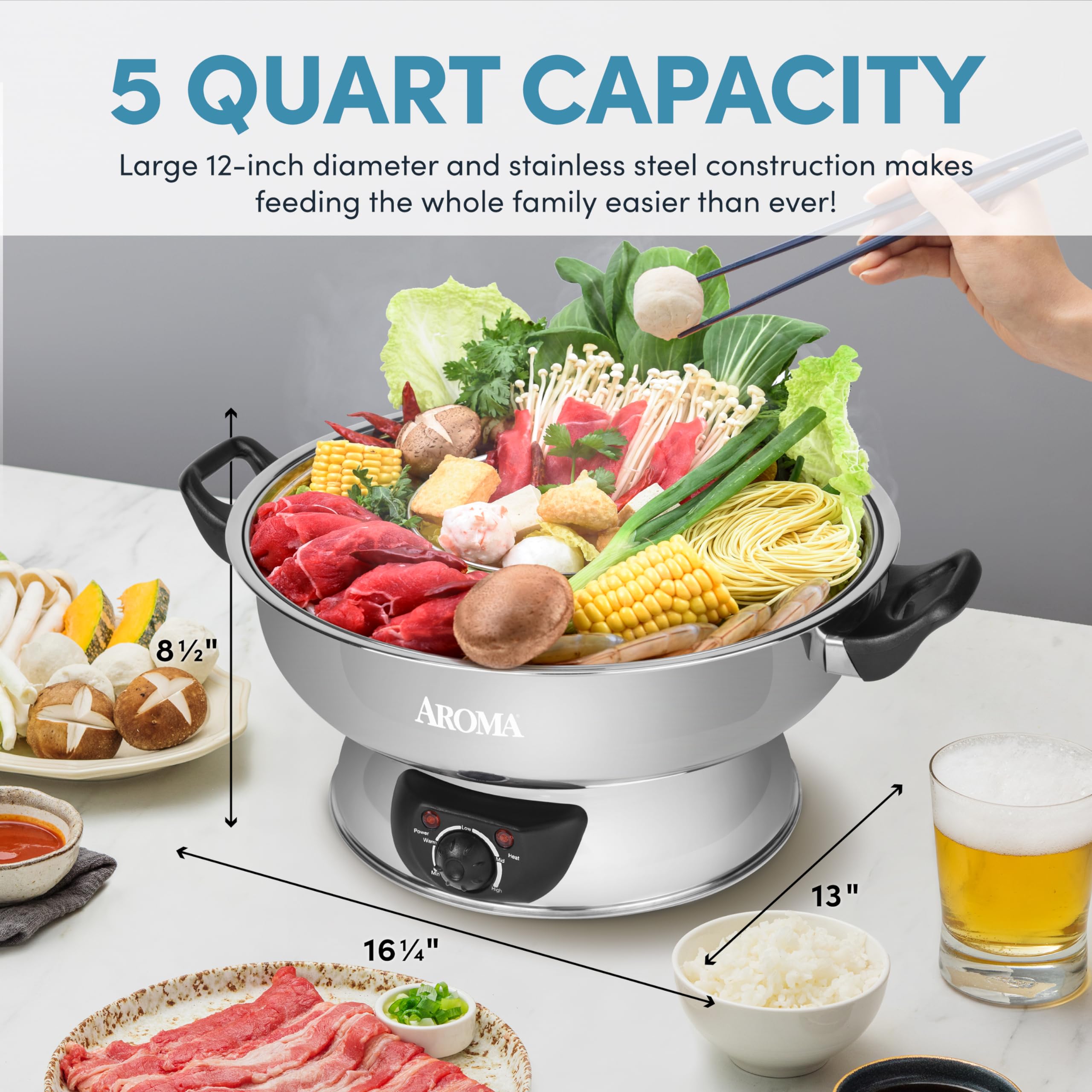 AROMA 5-Quart Stainless Steel Hot Pot, Silver