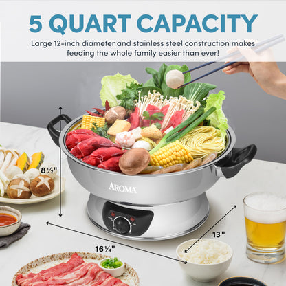 AROMA 5-Quart Stainless Steel Hot Pot, Silver