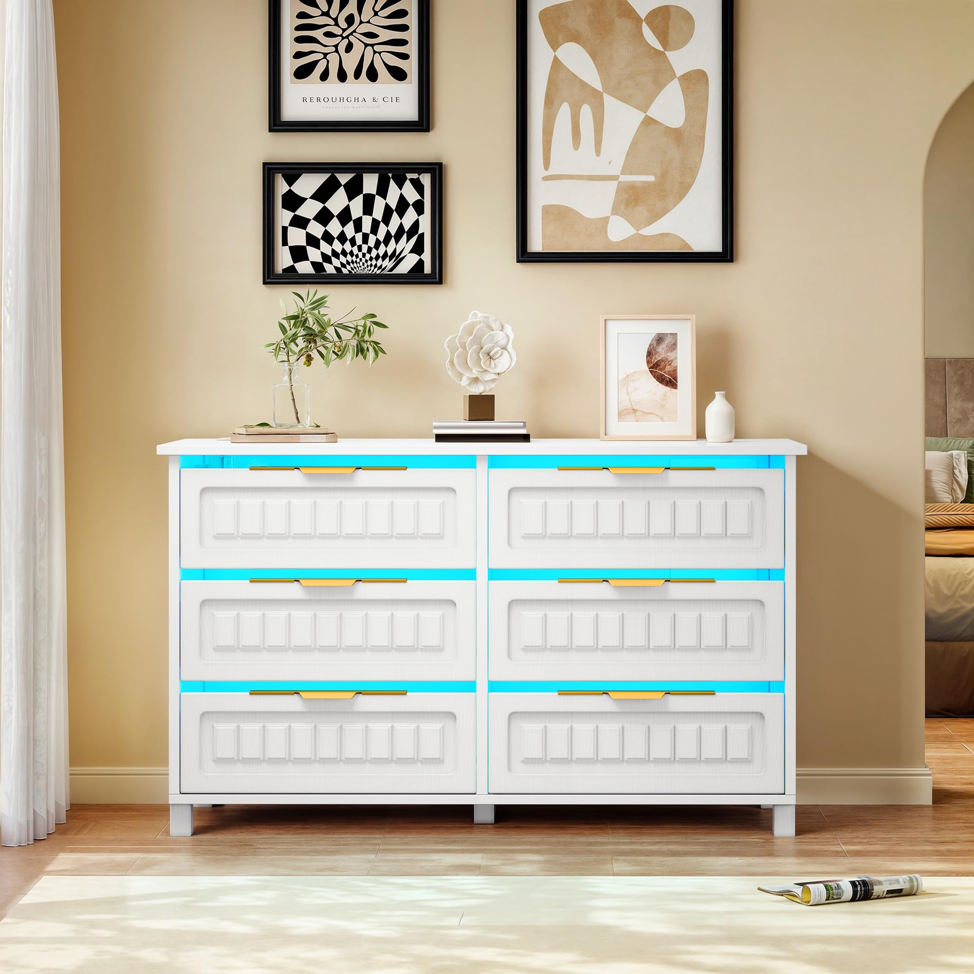 DWVO 6-Drawer Dresser with LED Lights and Charging Station