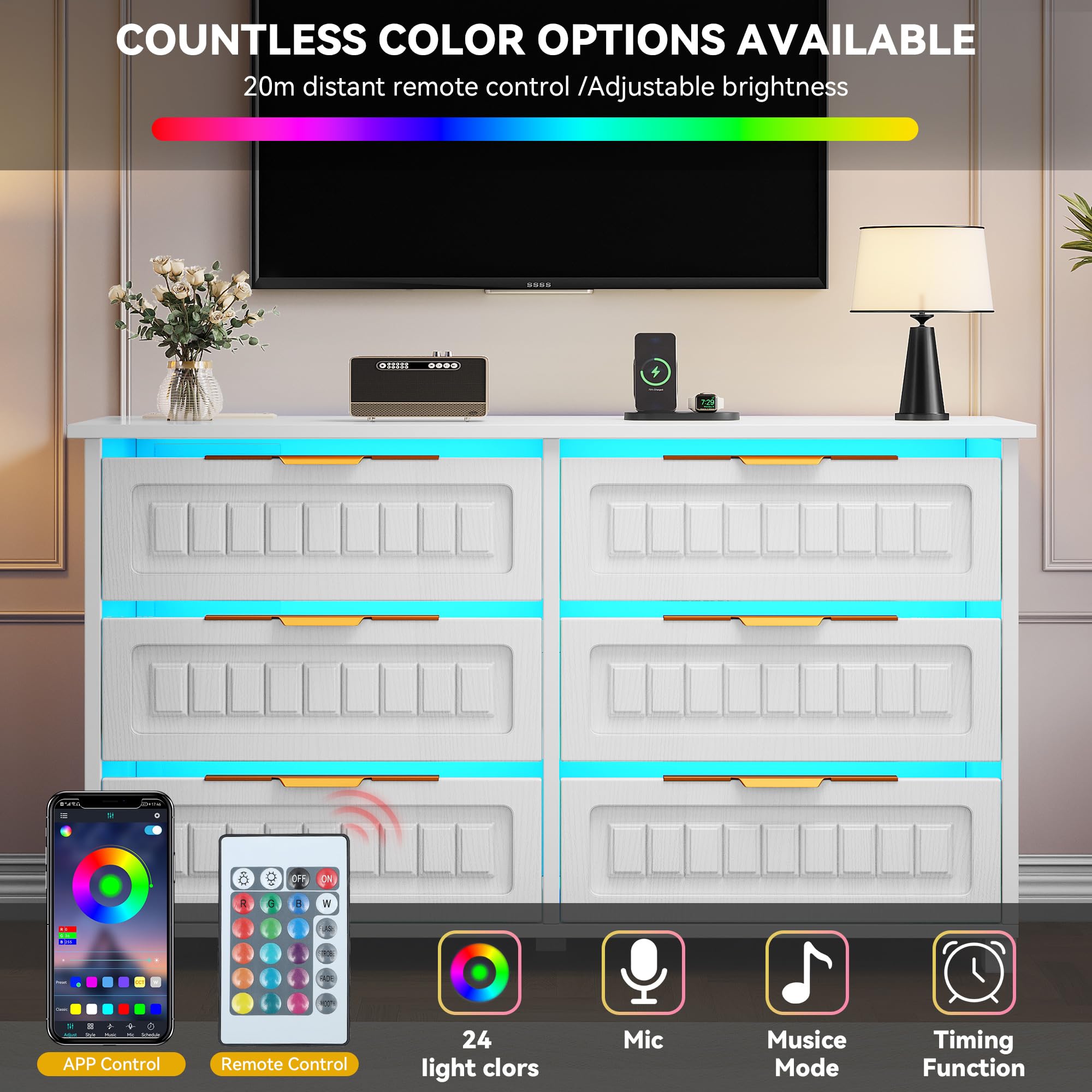 DWVO 6-Drawer Dresser with LED Lights and Charging Station