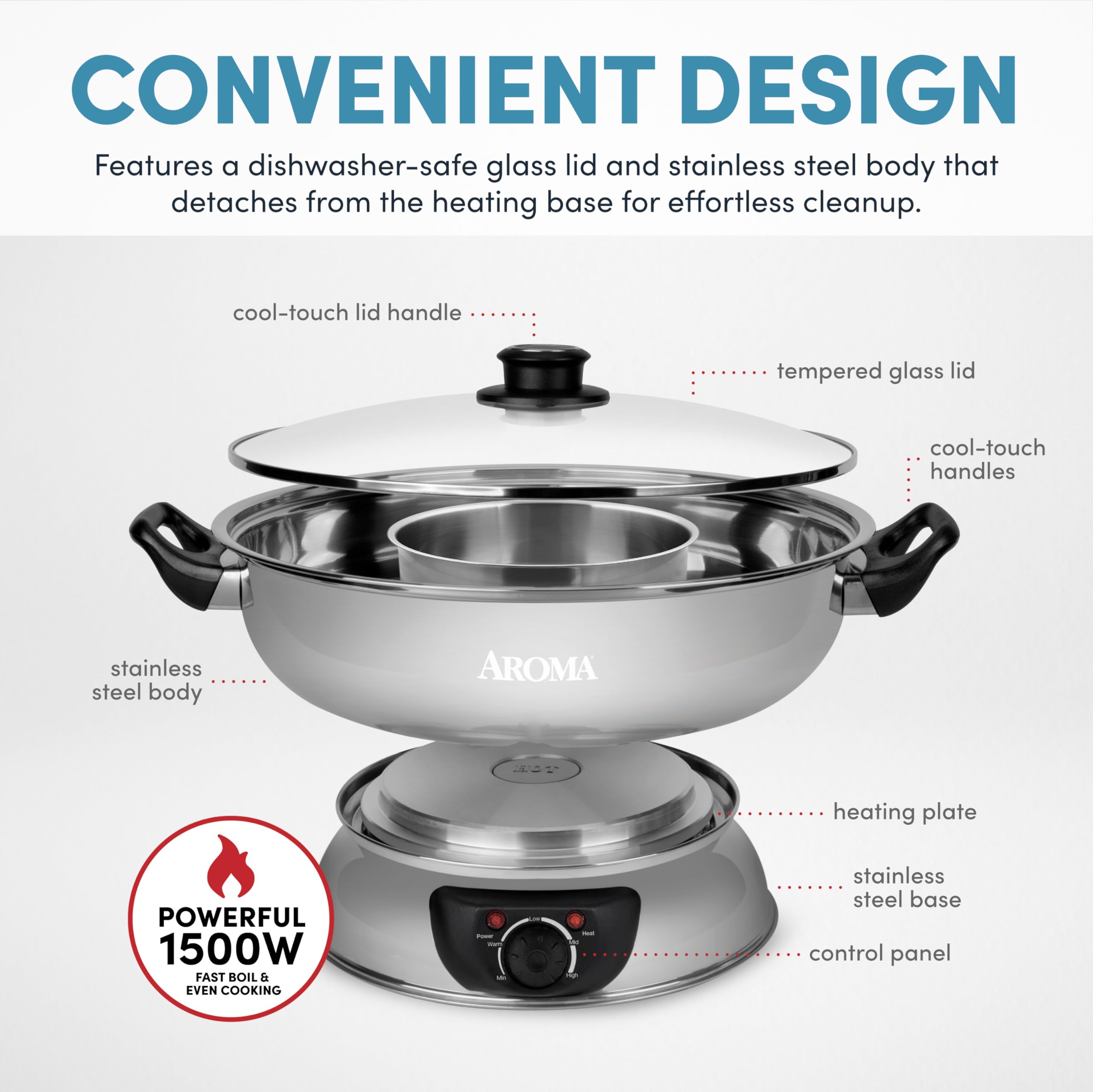 AROMA 5-Quart Stainless Steel Hot Pot, Silver
