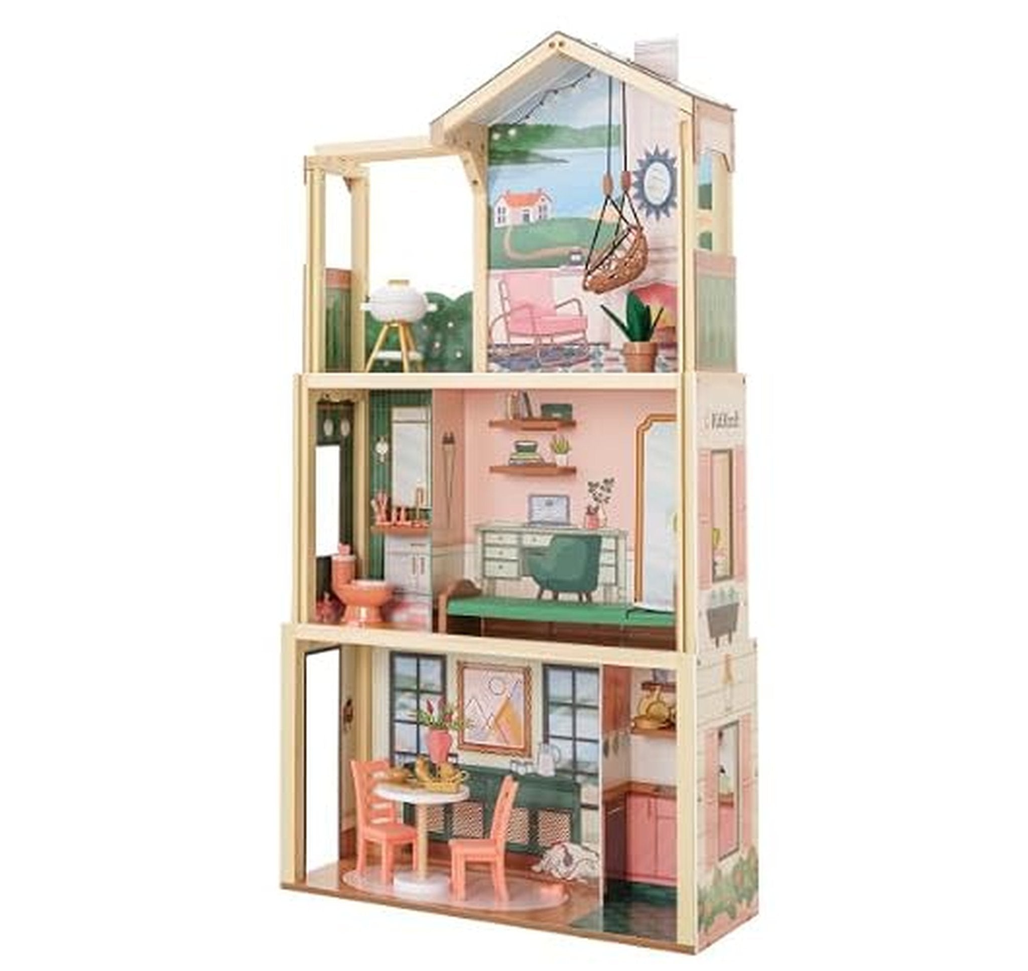 KidKraft Pop-Up Wooden Dollhouse Playset, 50 Pieces