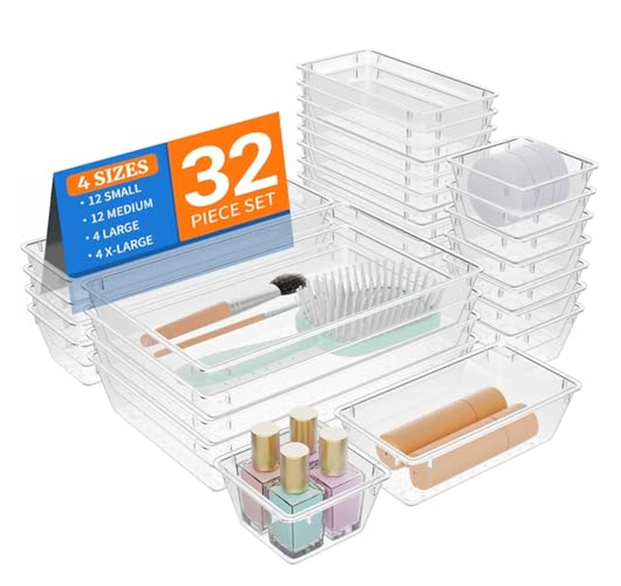 32 Pack Clear Plastic Drawer Organizer Trays Set