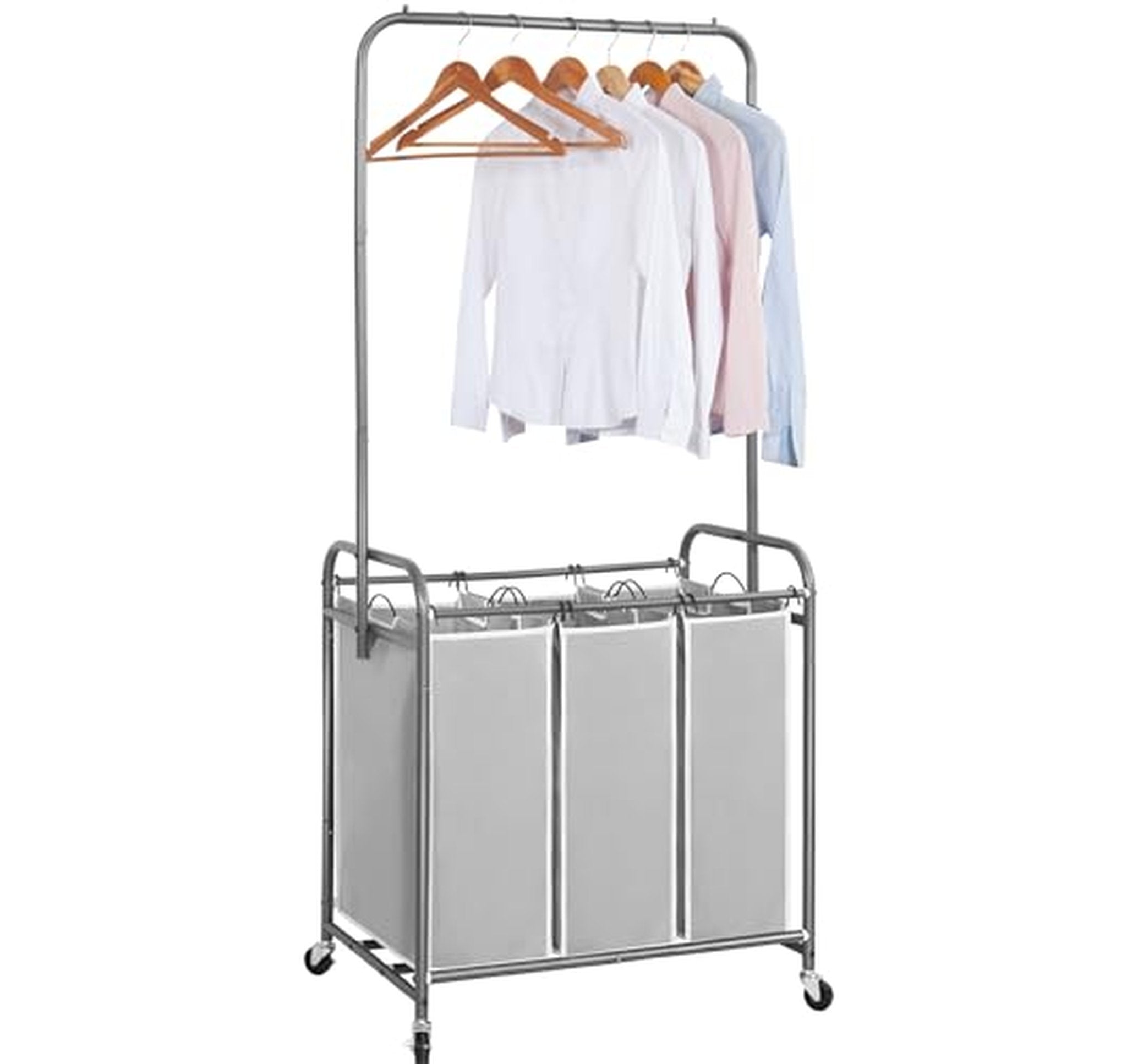 136L 3-Section Rolling Laundry Sorter with Bar