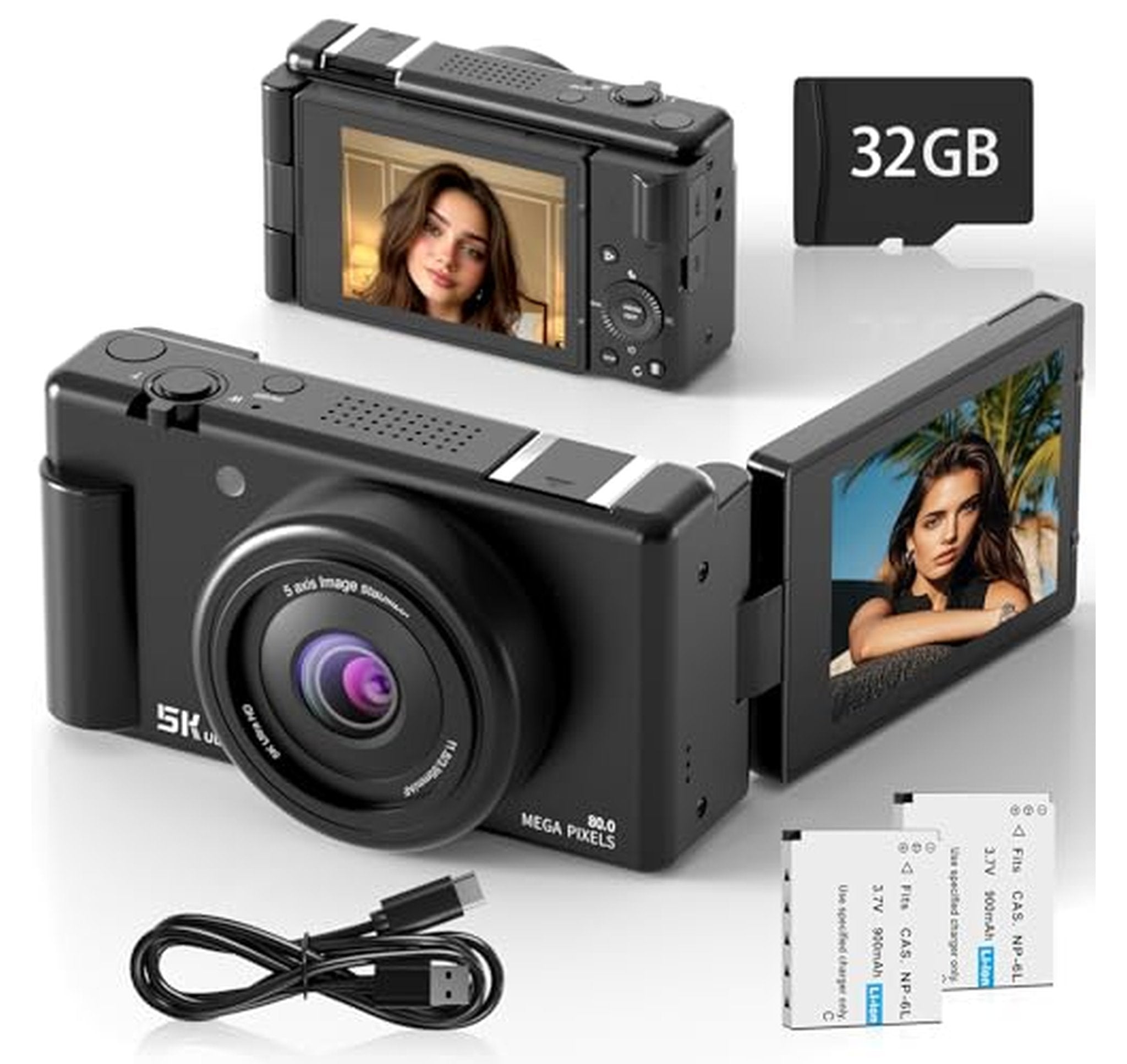 5K 80MP Autofocus Vlogging Digital Camera with Flip Screen