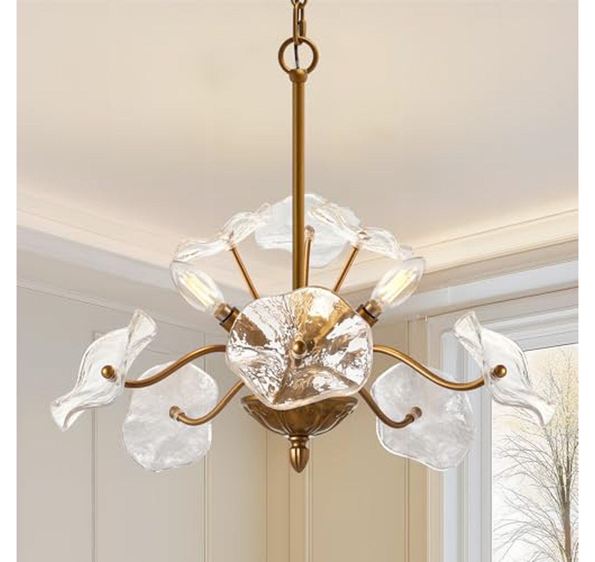 3-Light Mid Century Brass Flower Glass Chandelier
