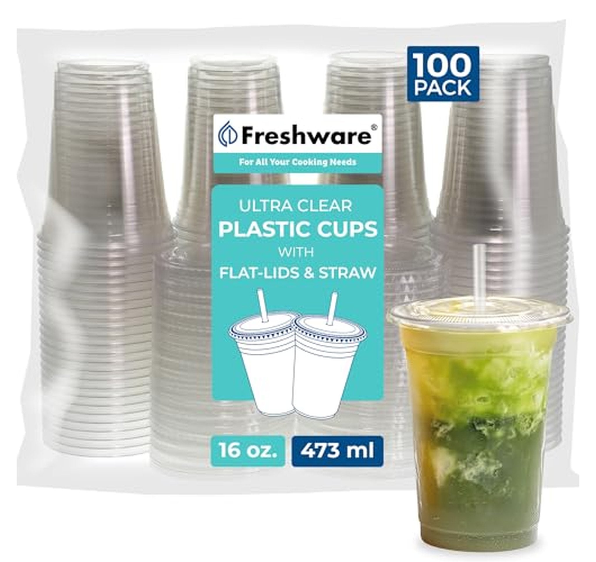 100 Pack 16 oz Plastic Cups with Lids and Straws