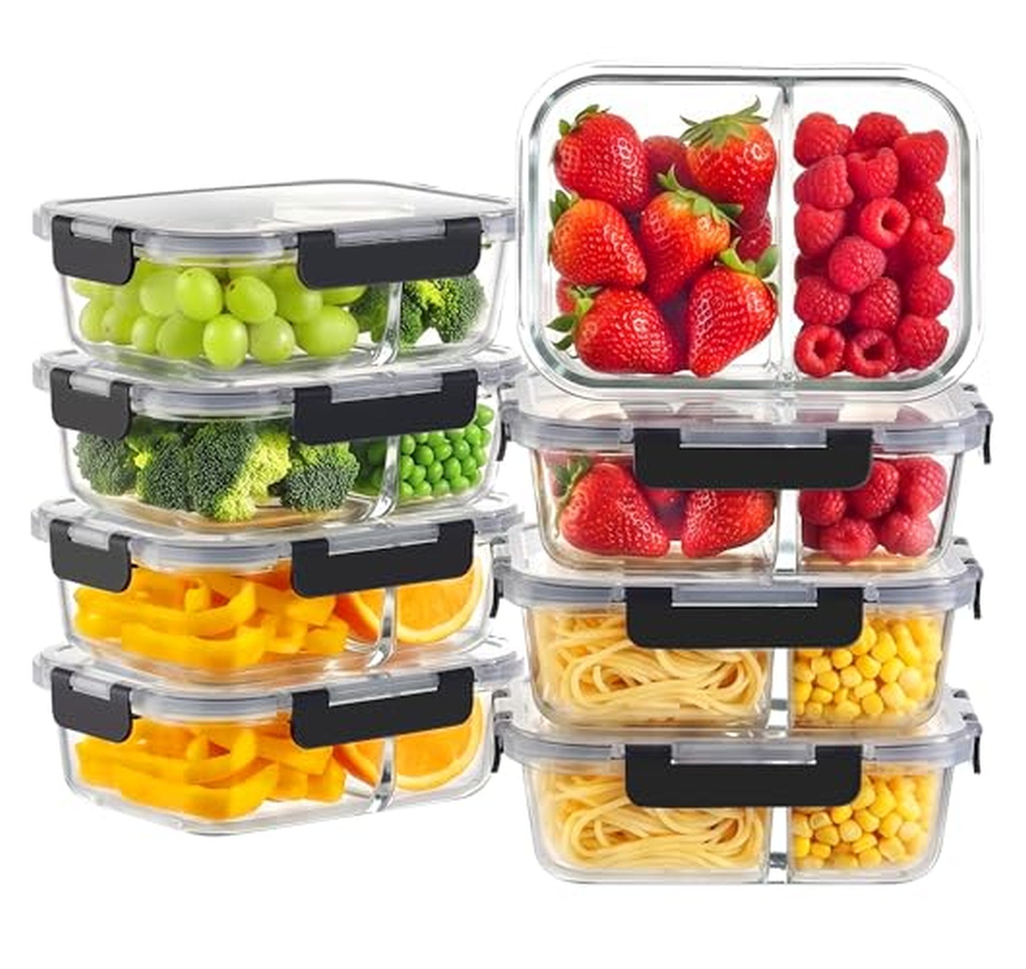 8 Pack 30oz Glass 2-Compartment Meal Prep Containers