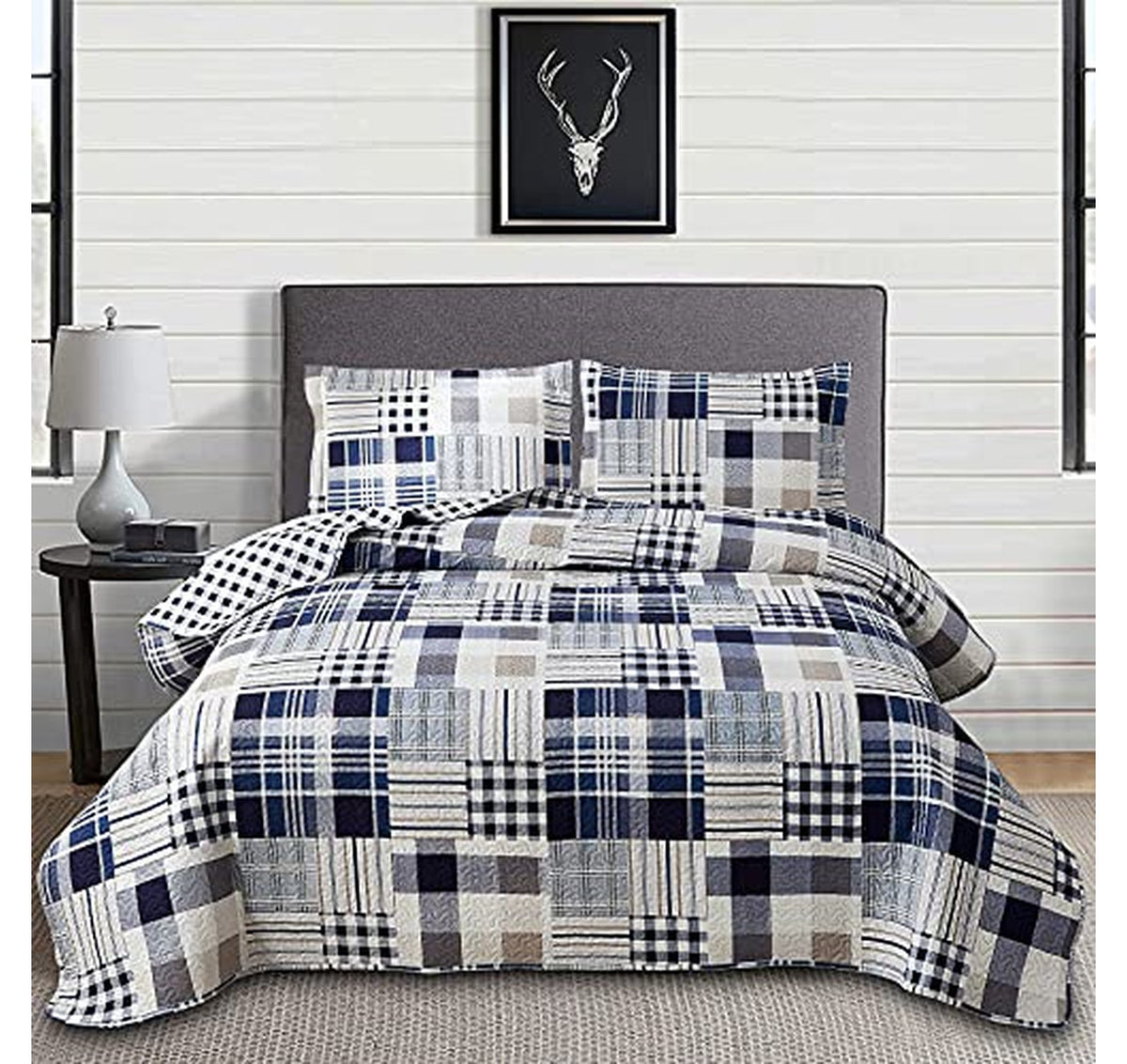 King Reversible Plaid Quilt Set Patchwork Bedspread