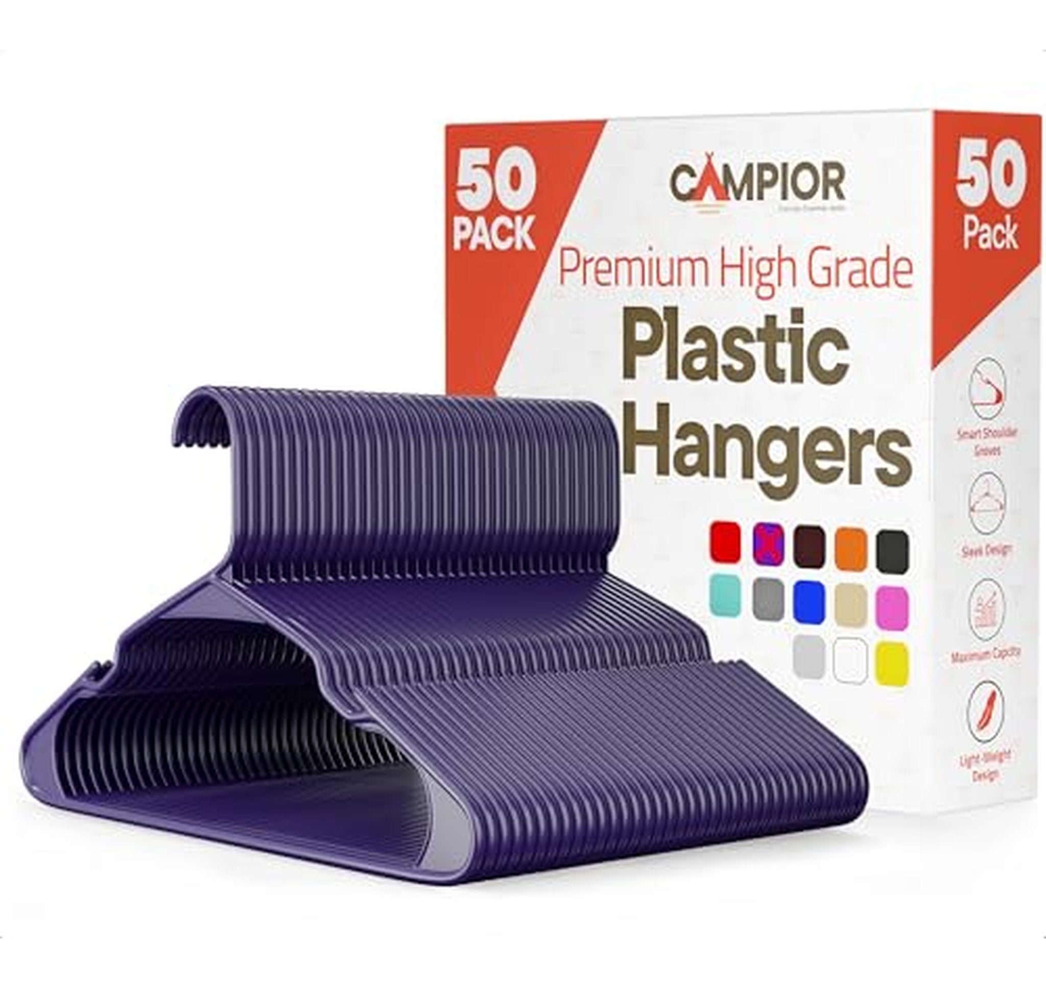 50 Pack Heavy Duty Non Slip Plastic Hangers